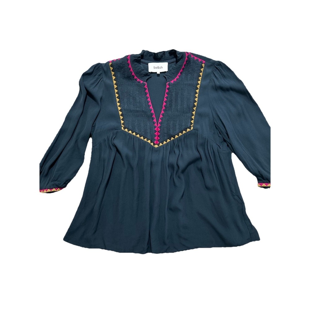 Ba&Sh Women's 2 (Medium/US 6) Tracy Embroidered Top Navy Embroidered